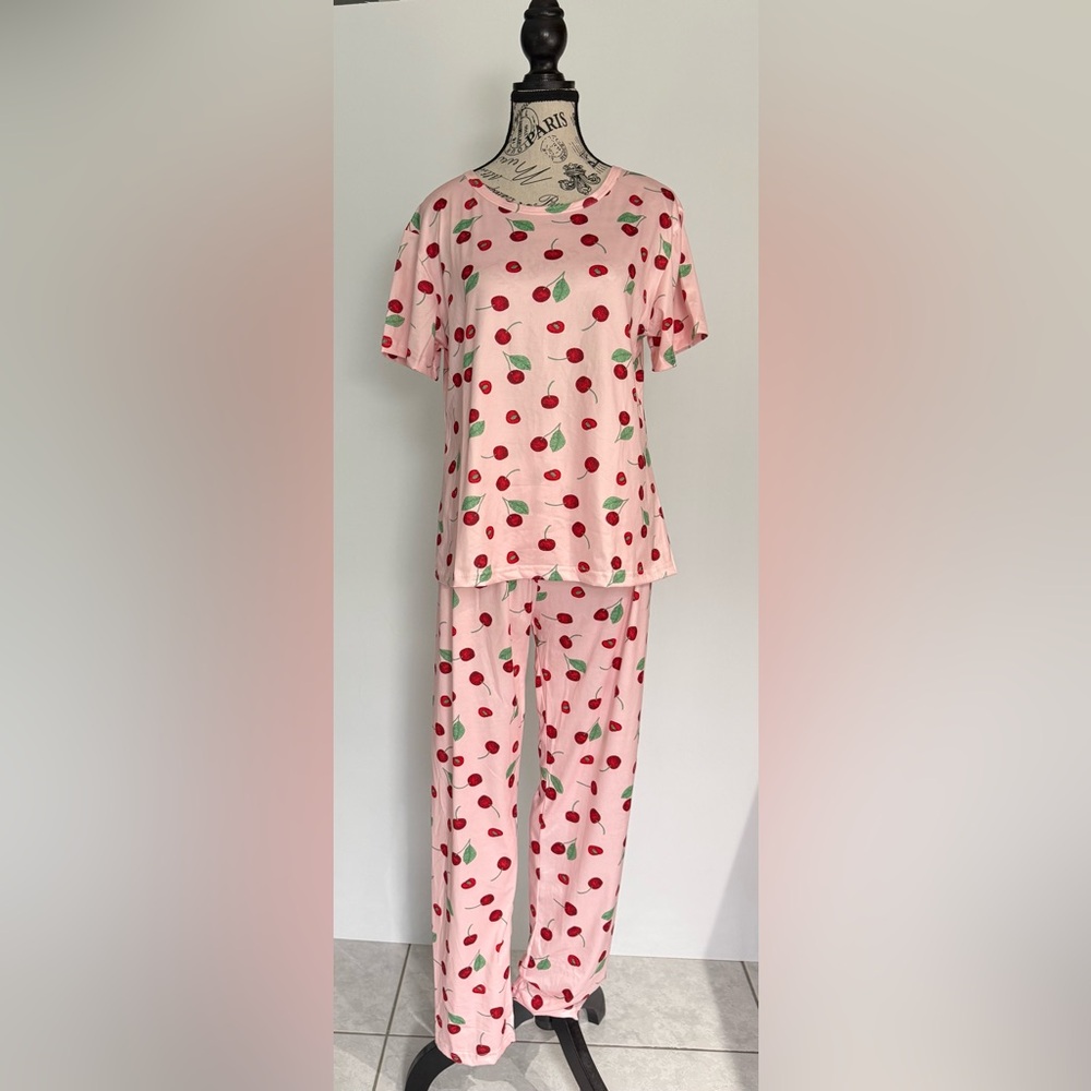 Pajamas Women's 3 Piece Pajama Set w/Eye Mask Pink with Cherries Sz Medium New